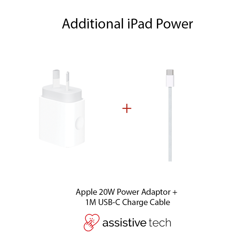 Image of the Apple 60W USB-C Charge Cable (1M) + Apple 20W Power Adapter Bundle, with a plus sign and “Additional iPad Power” and “assistive tech” text—ideal for fast iPad Pro charging. Brand: Apple.