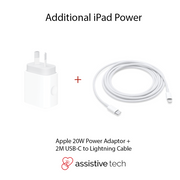 Image displays the Assistive Tech Apple 2M USB-C to Lightning Cable + Apple 20W Power Adapter Bundle. Text: Extra iPad power and fast-charging assistive tech below.