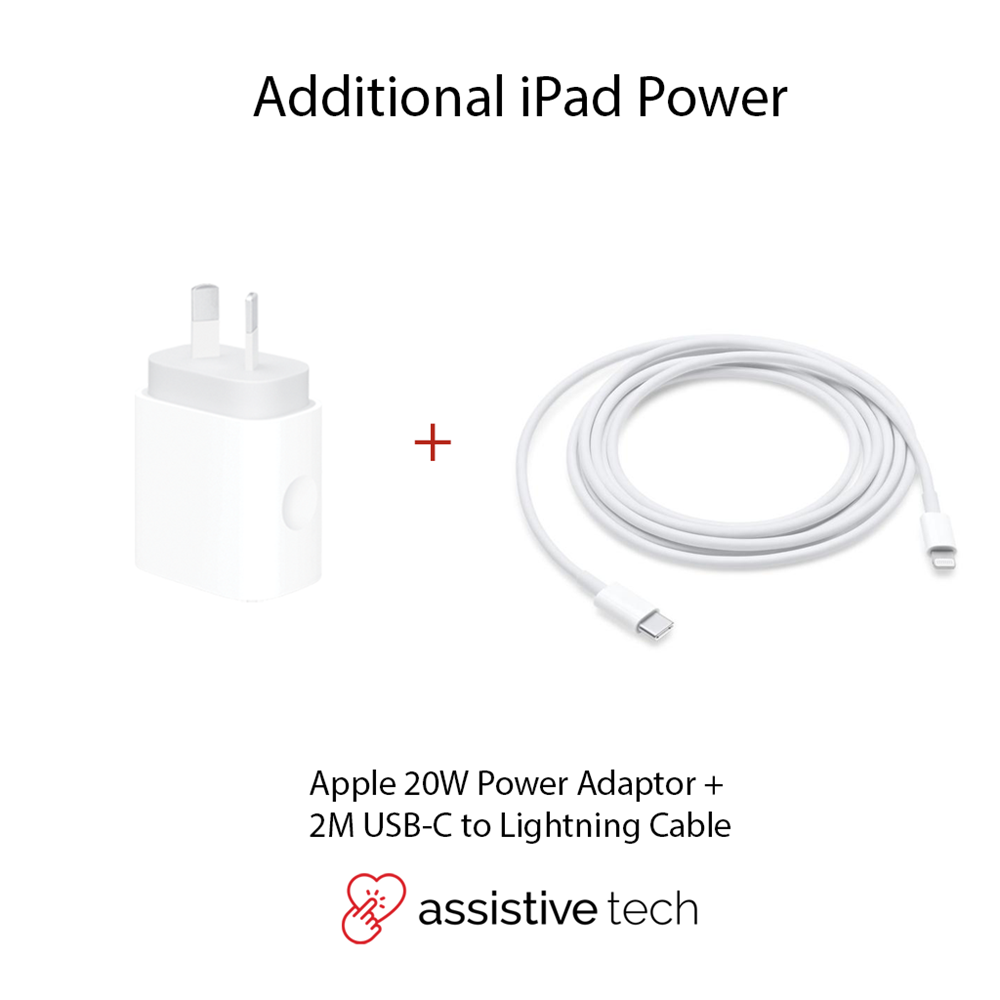 Image displays the Assistive Tech Apple 2M USB-C to Lightning Cable + Apple 20W Power Adapter Bundle. Text: Extra iPad power and fast-charging assistive tech below.
