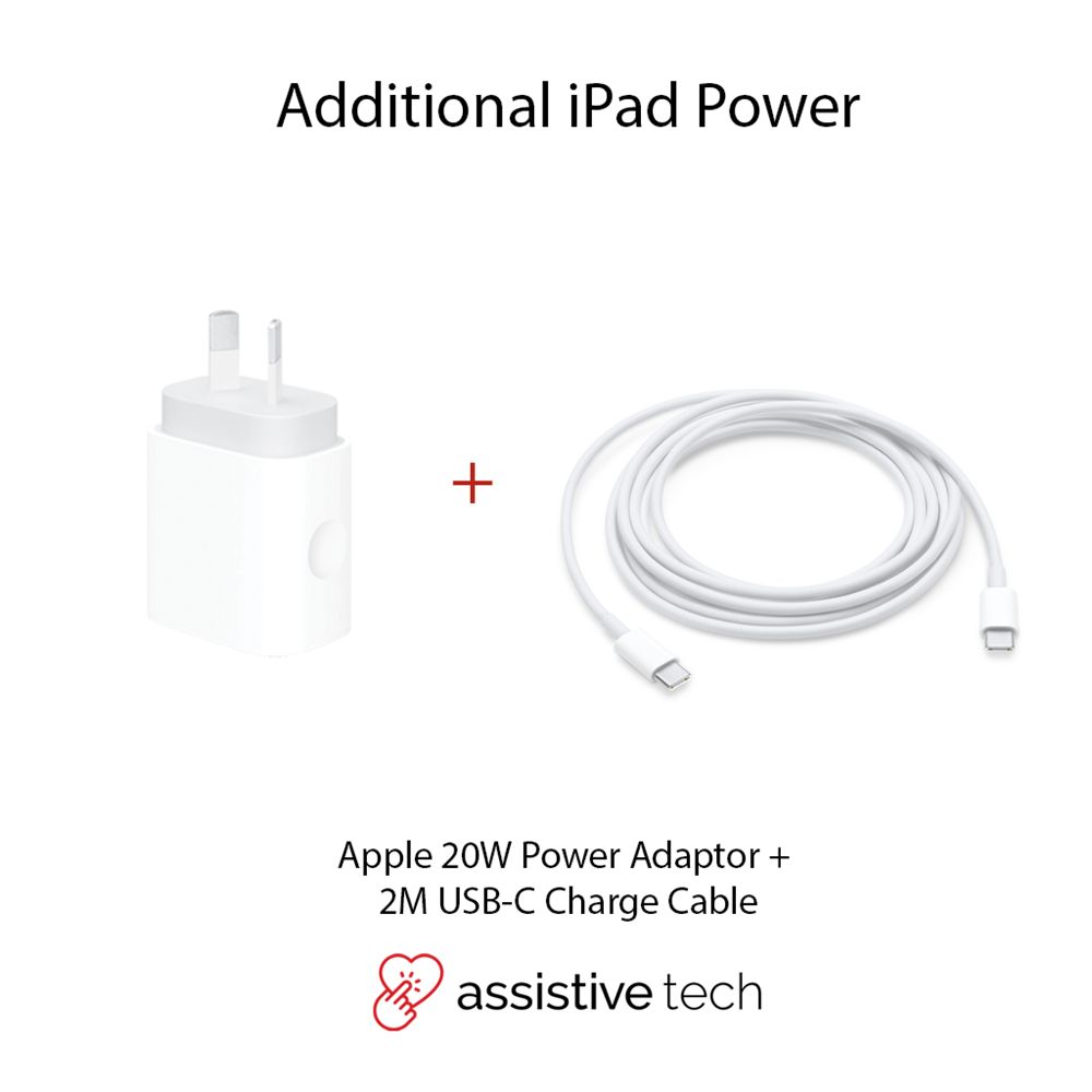 The Apple 240W USB-C Charge Cable (2M) + 20W Power Adapter Bundle by Apple is shown side by side, with text below reading Additional iPad Power and assistive tech.