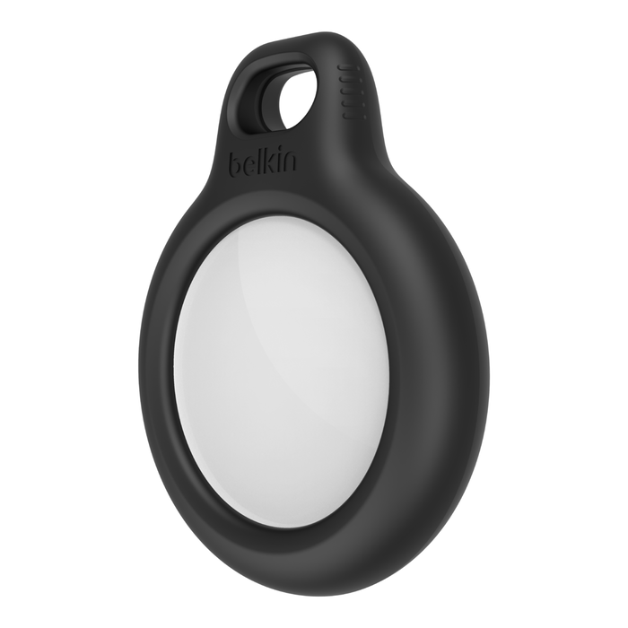 The Belkin Secure Holder with Key Ring for AirTag [Black] features a rounded design, a central opening for your AirTag, and a top loop to attach easily to your keys or bag.