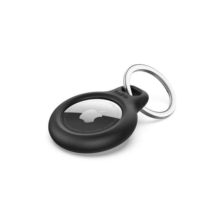 The Belkin Secure Holder with Key Ring for AirTag [Black] features a circular black design, includes an Apple AirTag, and displays the Belkin logo.