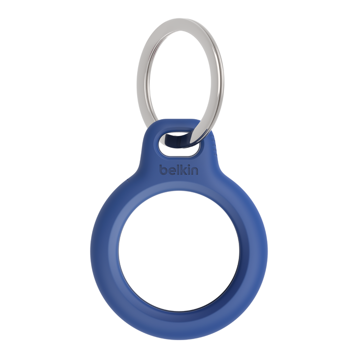 The Assistive Tech Apple AirTag (2nd Gen) 4 Pack with Secure Holder Bundle includes a blue keychain with a circular opening and silver keyring, designed to keep your AirTag secure and trackable on the Find My network.