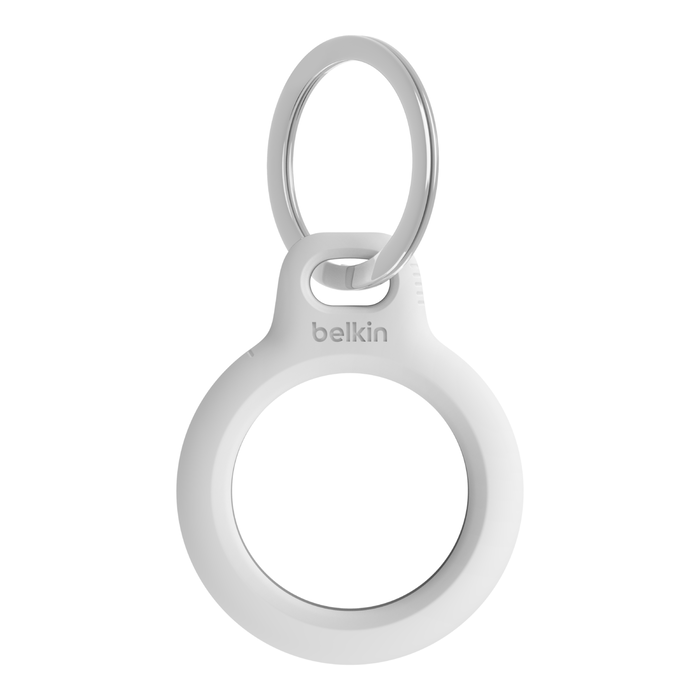 An Assistive Tech Apple AirTag (2nd Gen) 4 Pack with Secure Holder Bundle includes white holders featuring round openings for AirTags, metal keyrings, and the Belkin logo above the center opening.