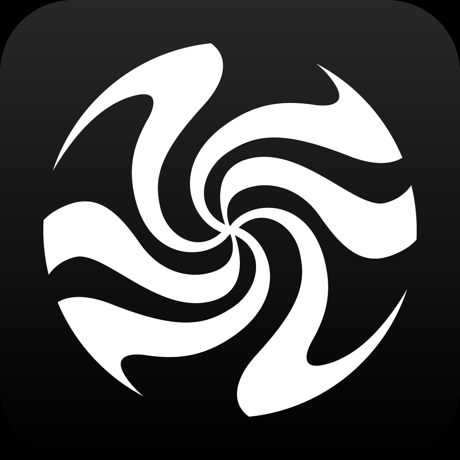 The Big Bang Patterns App for iPad by Assistive Tech features bold black-and-white spirals resembling five curved blades—ideal for training visual skills or providing strong contrast for users with low vision.