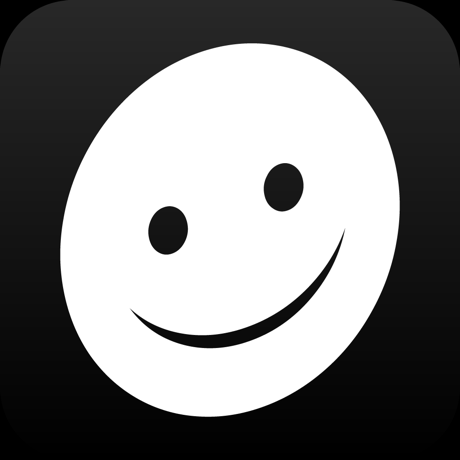 The Big Bang Pictures App for iPad by Assistive Tech features a simple white oval smiley face with black eyes and a curved smile on a black background—perfect for visual stimulation and users with low vision or visual impairments.