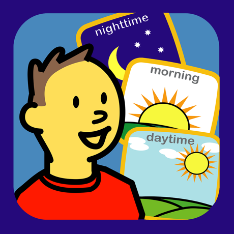 Illustration of a smiling child with short brown hair and a red shirt, in front of cards labeled nighttime, morning, and daytime—ideal for the Choiceworks App for iPad by Assistive Tech, designed to support children's daily routines.