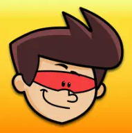 Cartoon boy with brown hair and a red mask on a yellow background from Assistive Tech’s Counting Songs 2 App for iPad—ideal for early literacy or children with special educational needs.