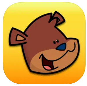 A cartoon bear's smiling head with a blue nose and brown fur on a yellow gradient background reflects the friendly style of Assistive Tech's Counting Songs 1 App for iPad, similar to many AAC tool designs.