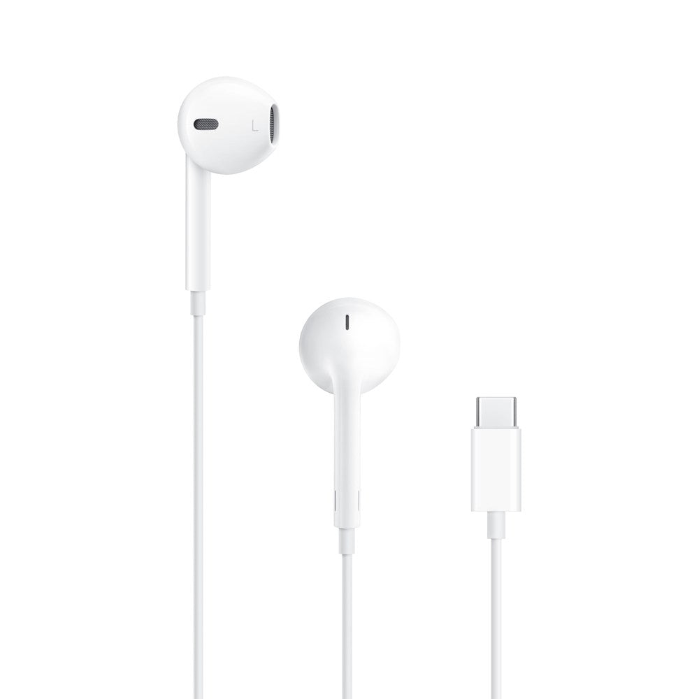 The Apple EarPods with USB-C Connector by Apple are white, in-ear headphones shown next to their USB-C connector on a plain white background, designed for high-quality audio.