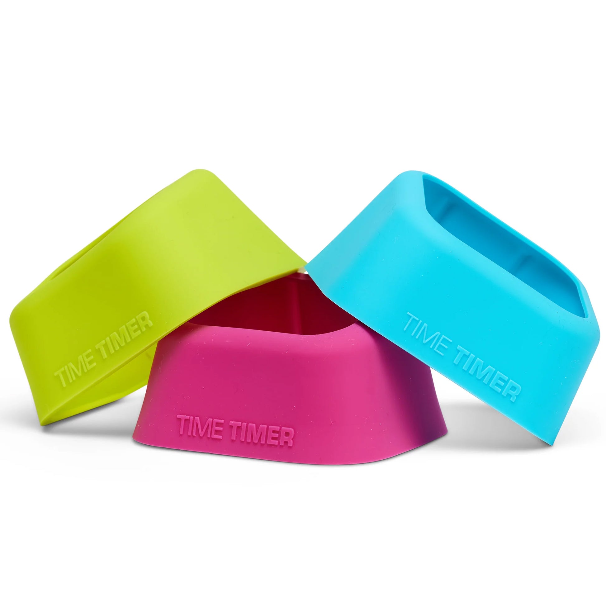 Three colorful Time Timer MOD Cover Silicone Case Accessories by Time Timer in lime green, pink, and blue. The angled silicone cases are embossed with TIME TIMER on the side and stacked against a white background.