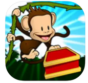 A cartoon monkey swings on a vine under a bright blue sky, holding a red and yellow treasure chest—just like in the Assistive Tech Monkey Preschool Lunchbox App for iPad, ideal for fun preschool educational games.