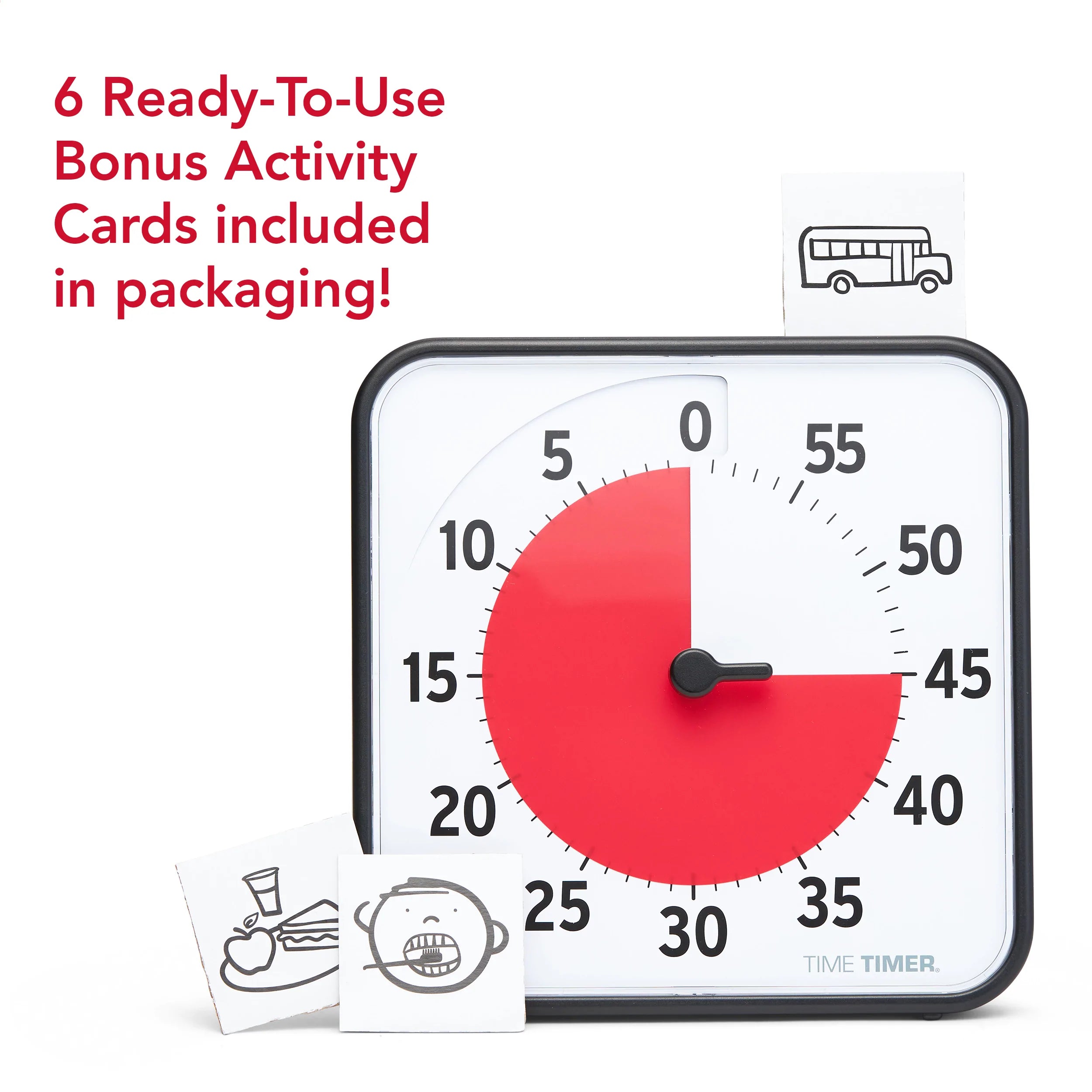 The Time Timer Original (8 Inch) by Time Timer displays 45 minutes left, surrounded by bus, meal, and brushing teeth activity cards. Red text announces: 6 Ready-To-Use Bonus Activity Cards included in packaging!.
