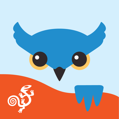 A stylized blue owl with yellow-ringed eyes sits above an orange hill with a white lizard, symbolizing the AssistiveWare Proloquo App for iPad (1 year license), set against a light blue background.