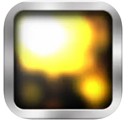 The Sensory Sound Box App for iPad by Assistive Tech features a square icon with a metallic silver frame and a blurred, glowing yellow-black center, evoking bright light—ideal for sensory sound experiences.