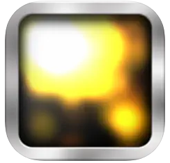 The Sensory Sound Box App for iPad by Assistive Tech features a square icon with a metallic silver frame and a blurred, glowing yellow-black center, evoking bright light—ideal for sensory sound experiences.