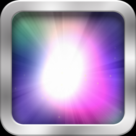 A radiant white light with pink, purple, and blue rays glows from the center of a silver-bordered square, resembling the Sensory Light Box App for iPad by Assistive Tech, designed to support sensory touch skills.