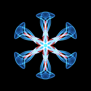 A glowing, digital abstract from Assistive Tech’s Silk 2 app for iPad—six translucent blue shapes with red highlights swirl symmetrically around a bright center on black, evoking the style of popular generative art and mandala creators.