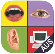 A square divided into four colorful sections—mouth on yellow, eye on purple, ear on green, monitor on red—represents Assistive Tech’s Speech Sounds on Cue (Aus Eng) iPad app for articulation help, with AUS in the bottom right.