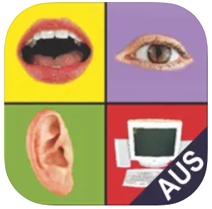 A square divided into four colorful sections—mouth on yellow, eye on purple, ear on green, monitor on red—represents Assistive Tech’s Speech Sounds on Cue (Aus Eng) iPad app for articulation help, with AUS in the bottom right.