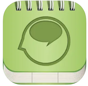 A green, spiral-bound notebook icon with a head and speech bubble embossed on the cover—perfect as the symbol for Assistive Tech’s Speech FlipBook Standard App for iPad, designed for phonological awareness or speech therapy.