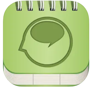A green, spiral-bound notebook icon with a head and speech bubble embossed on the cover—perfect as the symbol for Assistive Tech’s Speech FlipBook Standard App for iPad, designed for phonological awareness or speech therapy.