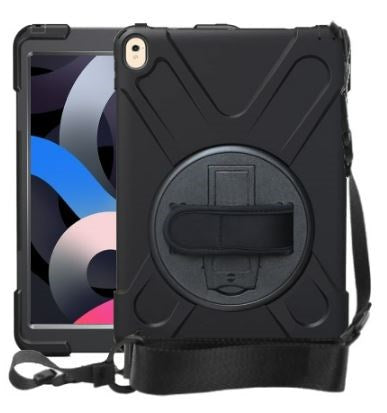 The Strike Rugged Case with Hand Strap and Lanyard for iPad Air 4th/5th Gen offers dual-layer protection, a rotating hand strap, built-in stand, adjustable shoulder strap, and displays a colorful abstract design on the tablet screen.