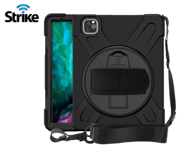 The Strike Rugged Case with Hand Strap and Lanyard for Apple iPad Pro 11" (1st-4th Gen) is shown on a tablet, featuring a shockproof design with built-in hand strap, rotating stand, shoulder strap, and the blue Strike logo at the top left.