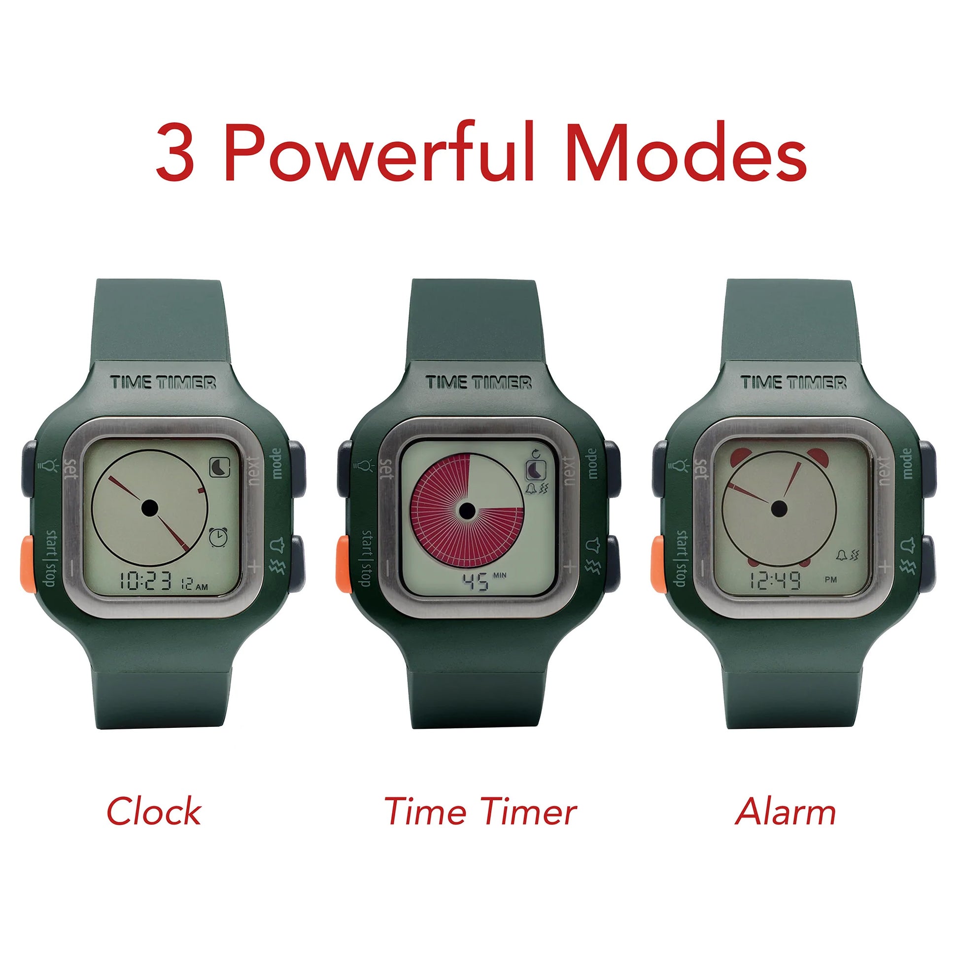 The Time Timer Watch (Large/Adult) by Time Timer, in green, features Clock, 45-minute Timer, and Alarm modes. “3 Powerful Modes” appears above—making it an ideal productivity or ADHD timer wristwatch.
