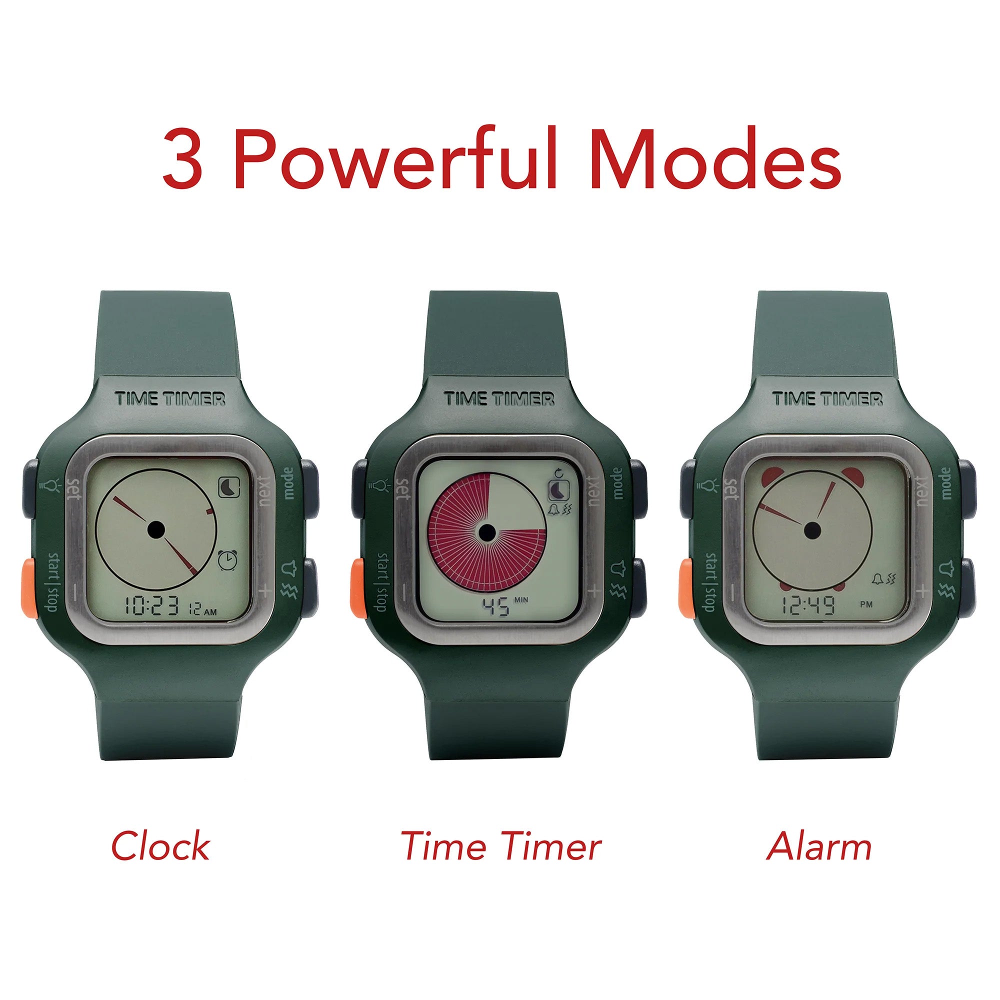 The Time Timer Watch (Large/Adult) by Time Timer, in green, features Clock, 45-minute Timer, and Alarm modes. “3 Powerful Modes” appears above—making it an ideal productivity or ADHD timer wristwatch.