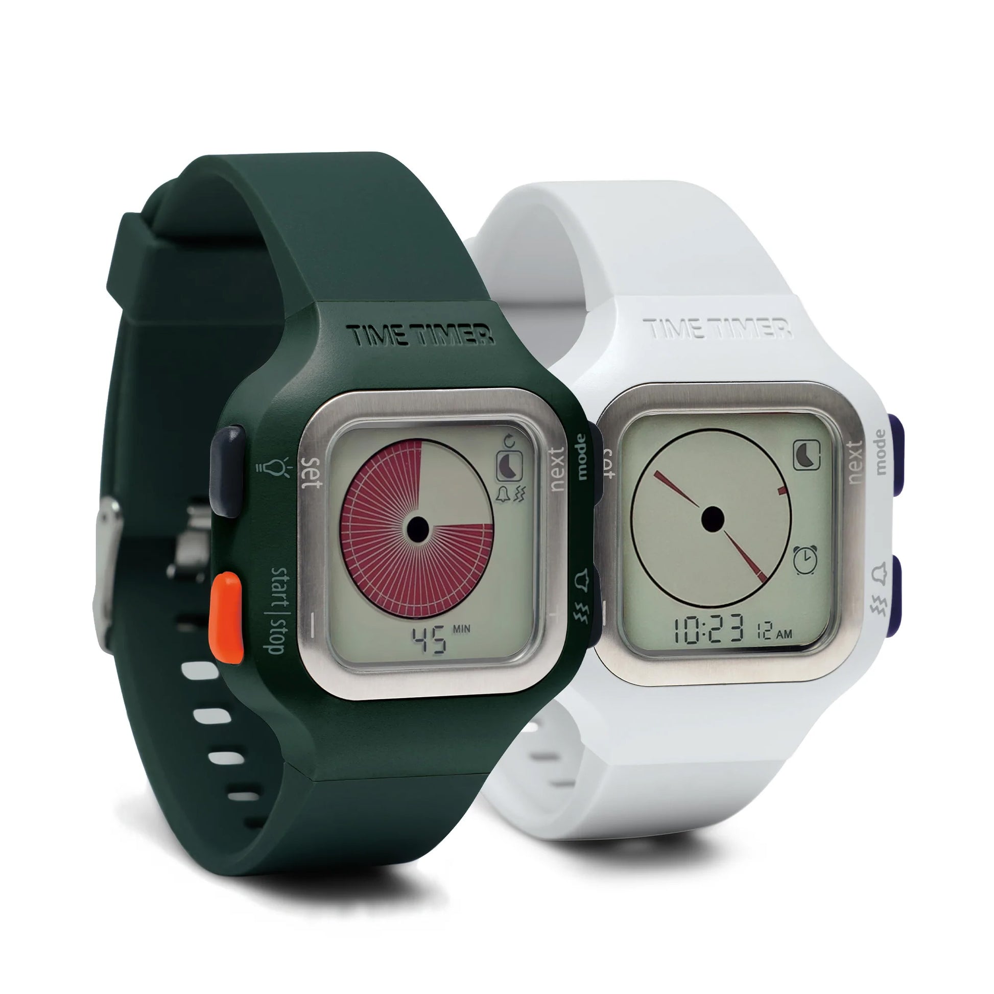 Two Time Timer Watch (Large/Adult) models by Time Timer are side by side. One, with a dark green band, displays a circular timer; the other, with a white band, shows the current time. Both have square faces and similar button layouts.