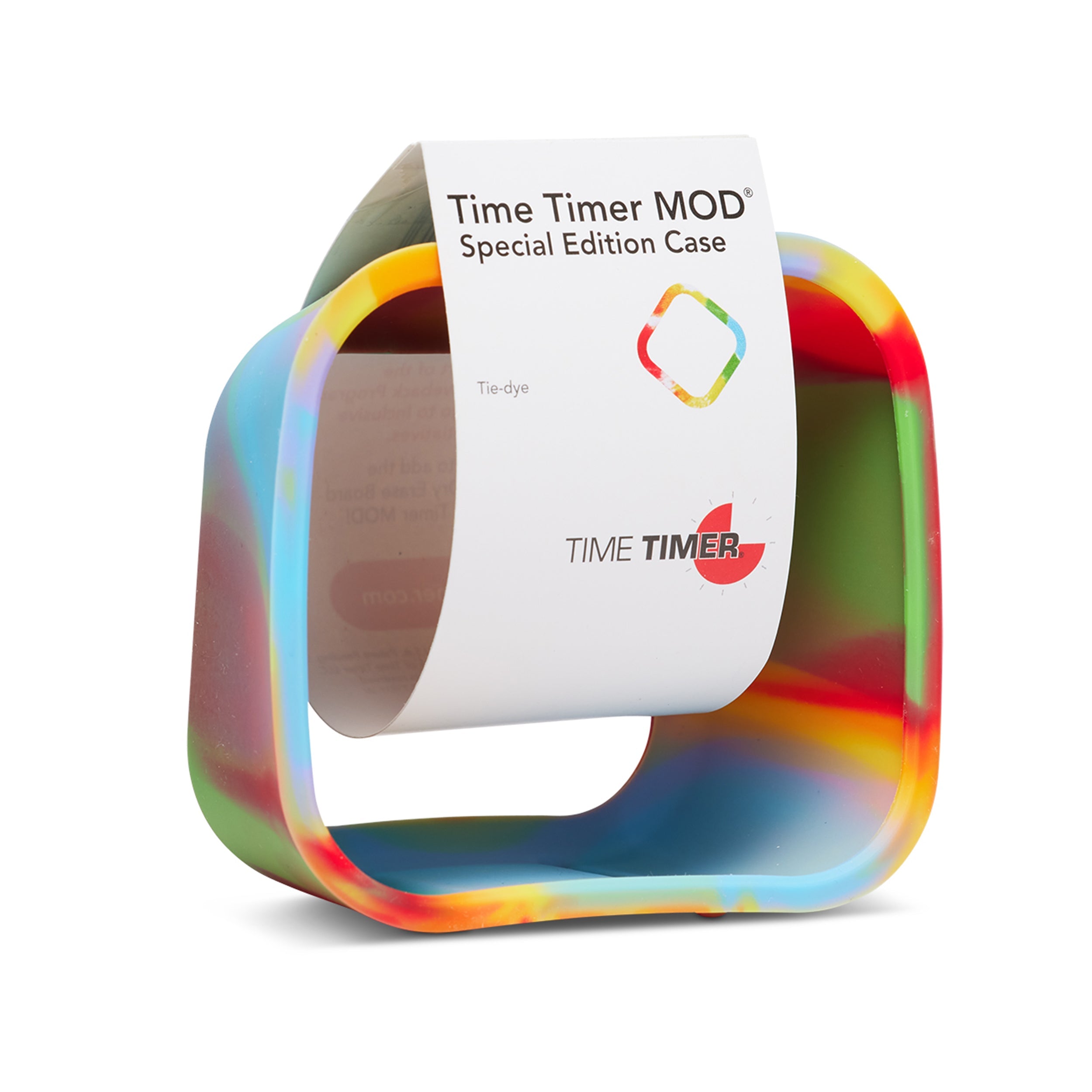The Time Timer MOD Cover (Tie Dye) by Time Timer is a colorful, tie-dye silicone cover for the visual timer, shown upright with a white label displaying its name and brand on a white background.