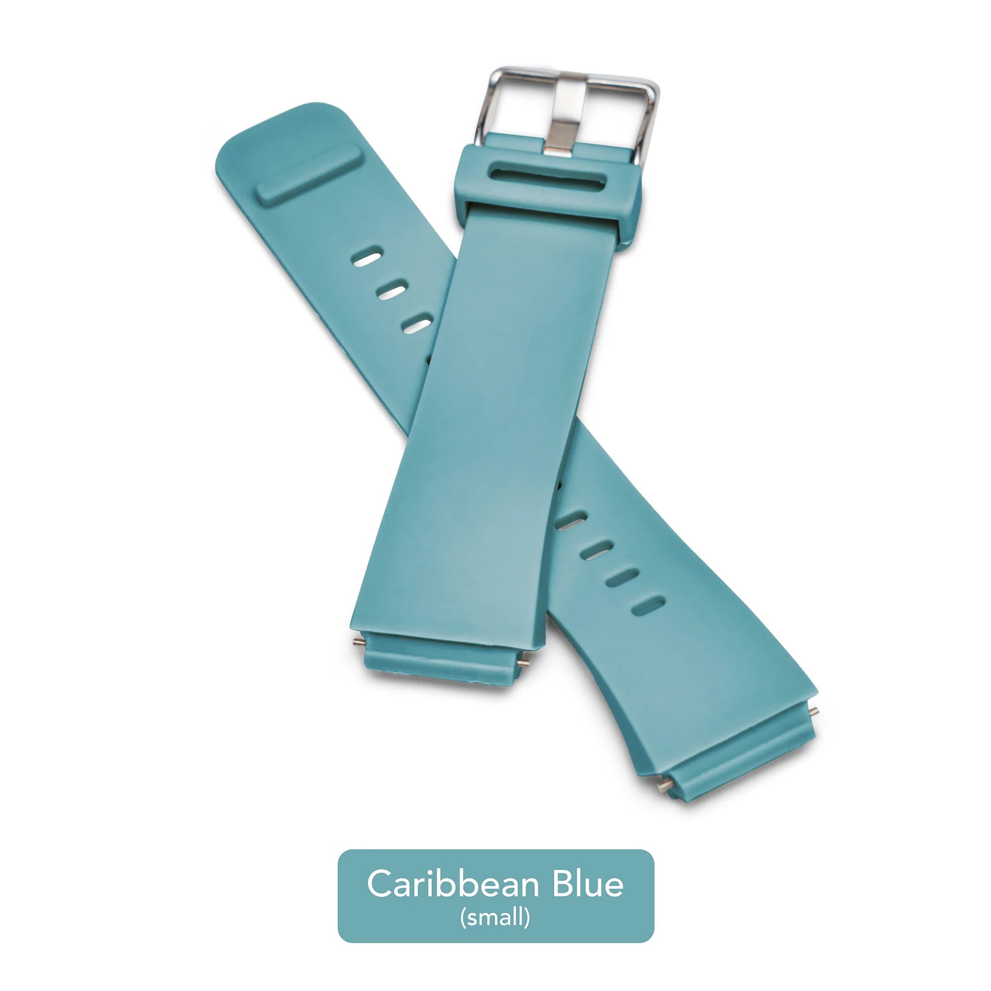 A Time Timer Watch Band (Small) by Time Timer in Light Blue/Caribbean Blue with a silver buckle is displayed on a white background. Below the band, text reads "Caribbean Blue (small).