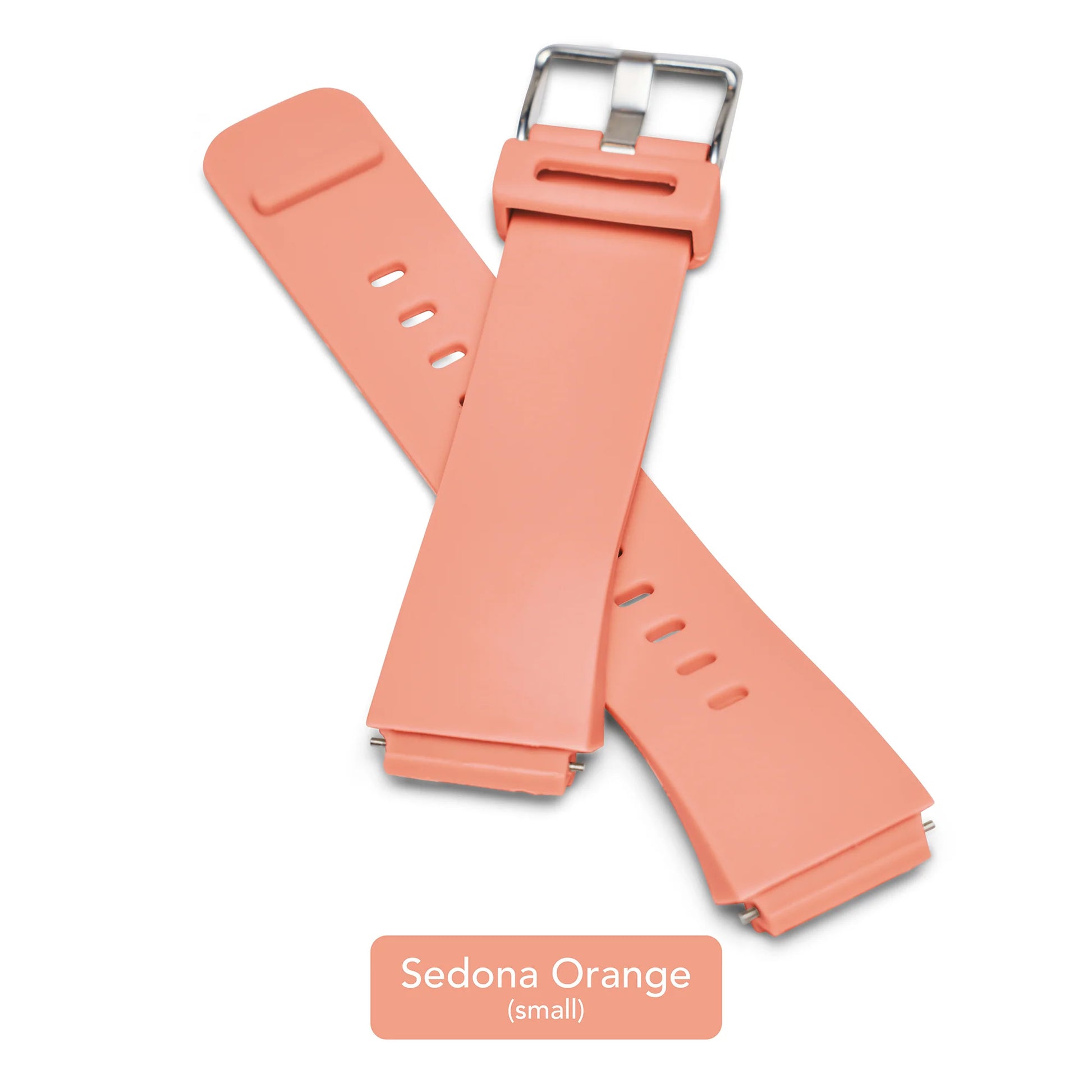 Two interchangeable Time Timer Watch Bands (Small) in Sedona Orange, crossed with a visible metal buckle—made to fit your Time Timer Watch. Text below reads "Sedona Orange (small).