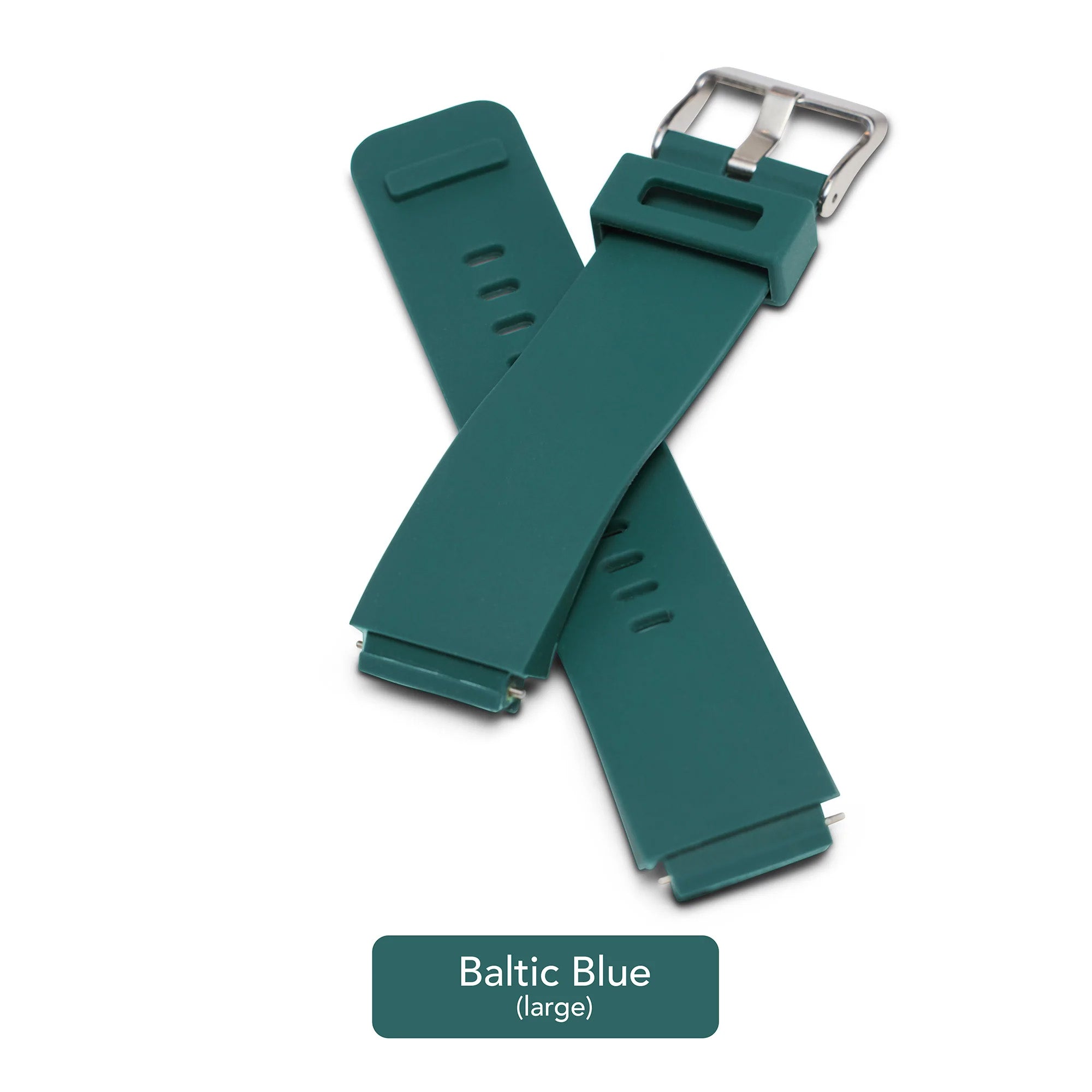 The Time Timer Watch Band (Large) in Green/Baltic Blue by Time Timer features a silver buckle and a stylish teal-blue silicone strap, making it the perfect productivity watch accessory for those who value both function and design.