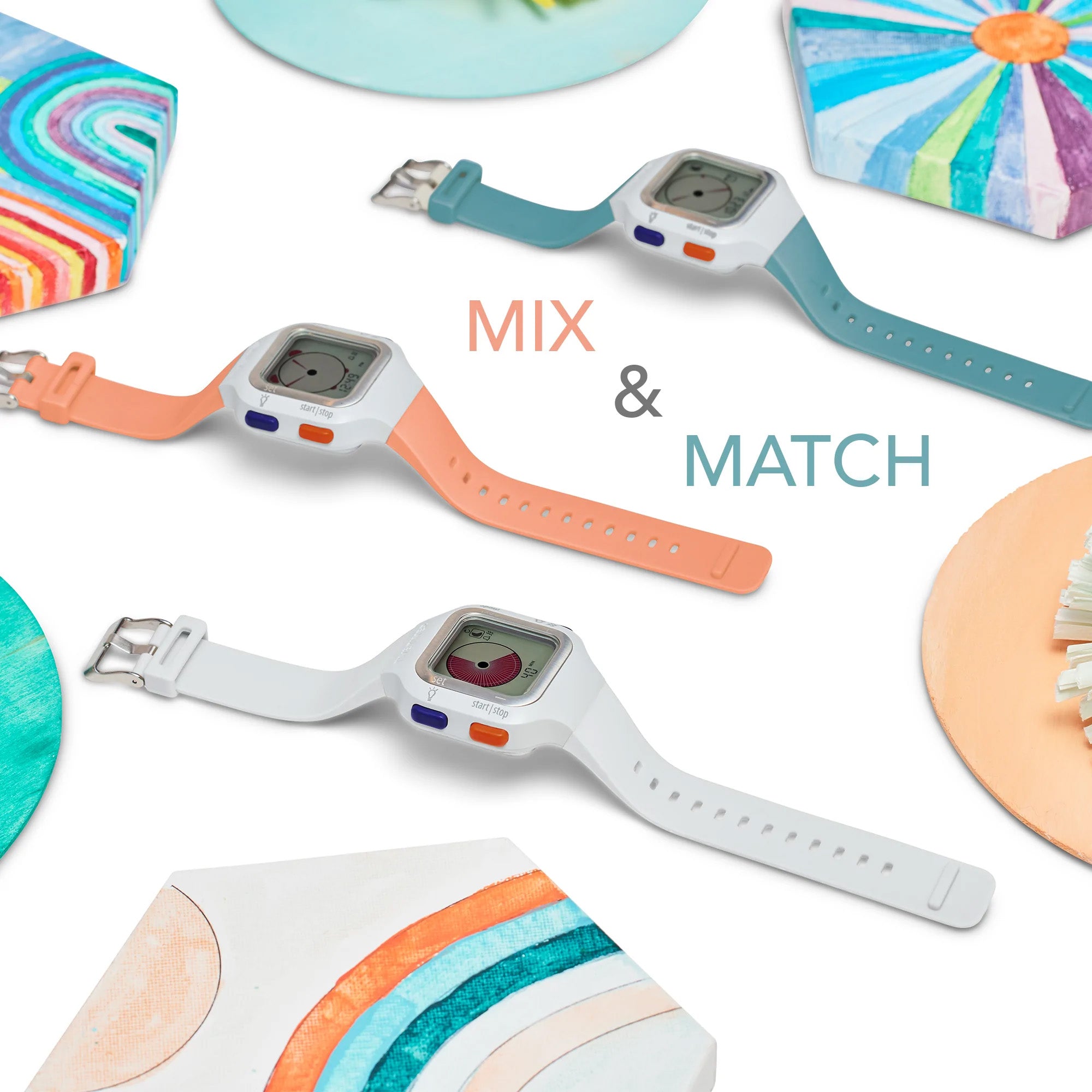 Three Time Timer Watch (Large/Adult) models by Time Timer—featuring interchangeable teal, coral, and white bands—are shown with vibrant art. The phrase MIX & MATCH highlights this fun productivity watch designed to improve focus.