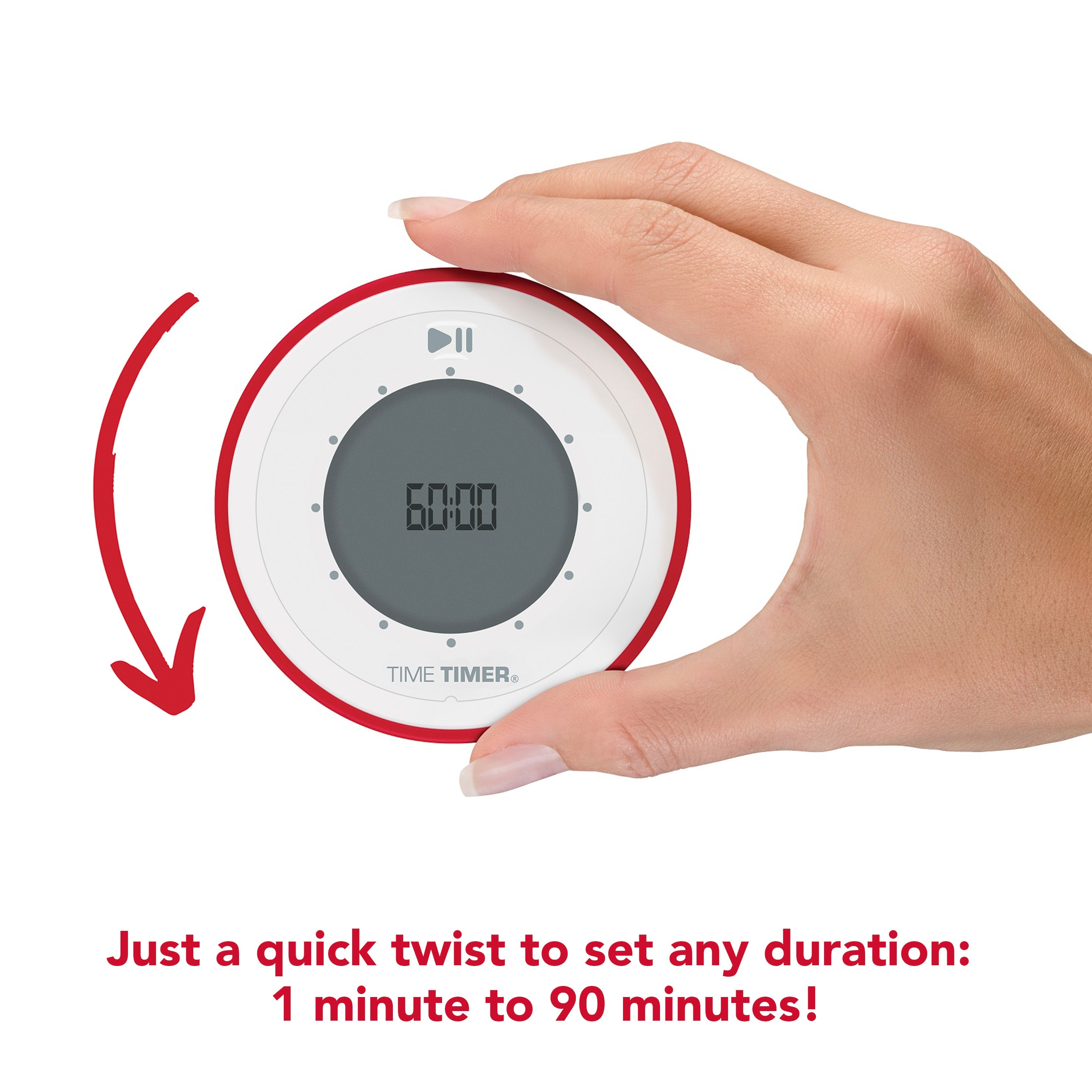 A hand twists the Time Timer Twist (Pale Shale) by Time Timer to 60:00, with a red arrow showing motion. Text below: Just a quick twist sets any duration from 1 to 90 minutes! Perfect as a visual timer.