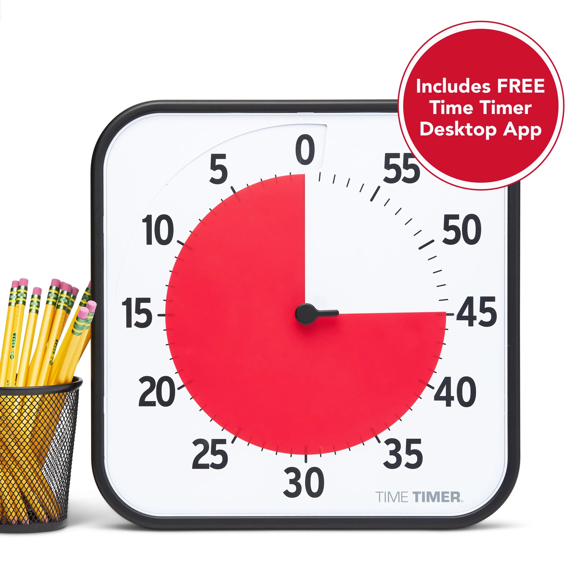 The Time Timer Original (12 Inch) by Time Timer shows 15 minutes left, with elapsed time in red. It’s pictured next to a black mesh pencil cup holding yellow pencils. A red label states: Includes FREE Time Timer Desktop App.