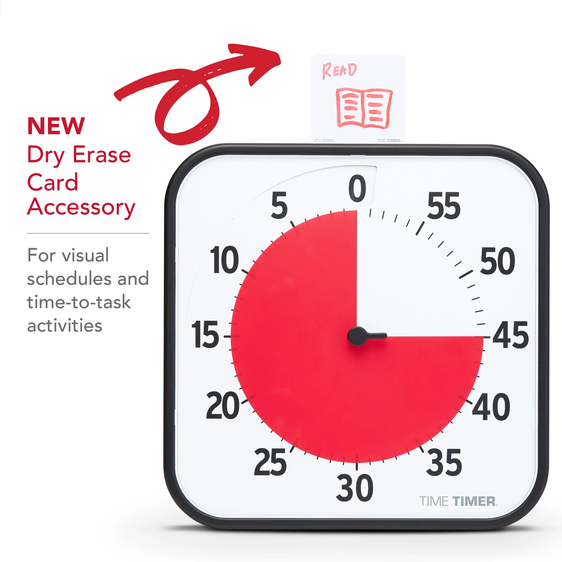 The Time Timer Original (12 Inch) by Time Timer features a square countdown timer with a red display and a dry erase "READ" card with a book icon. New dry erase cards are now available for enhancing schedules and classroom timer activities.