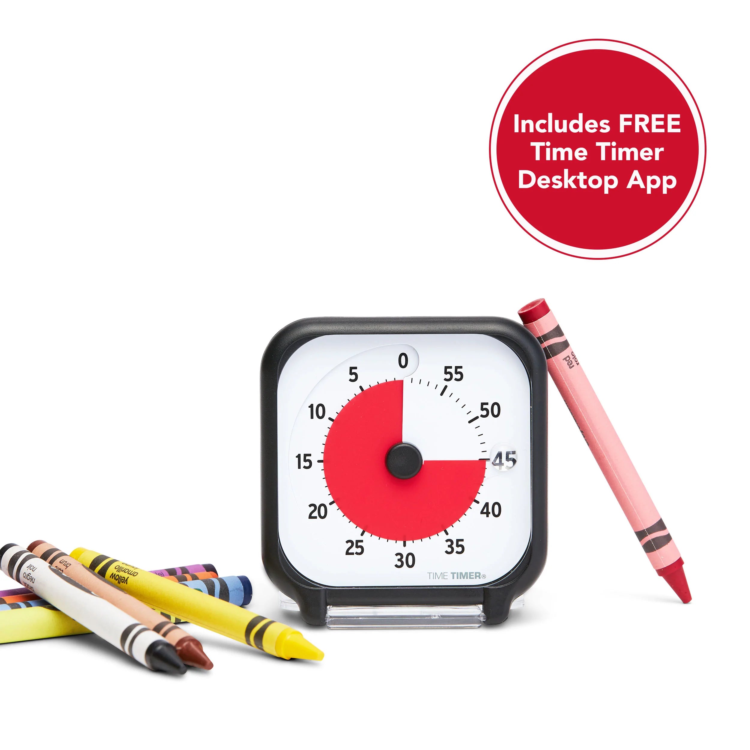 The Time Timer Original (3 Inch) Pocket by Time Timer features a black frame and red disk showing 45 minutes. Crayons are scattered beside it, and a red badge states: Includes FREE Time Timer Desktop App.
