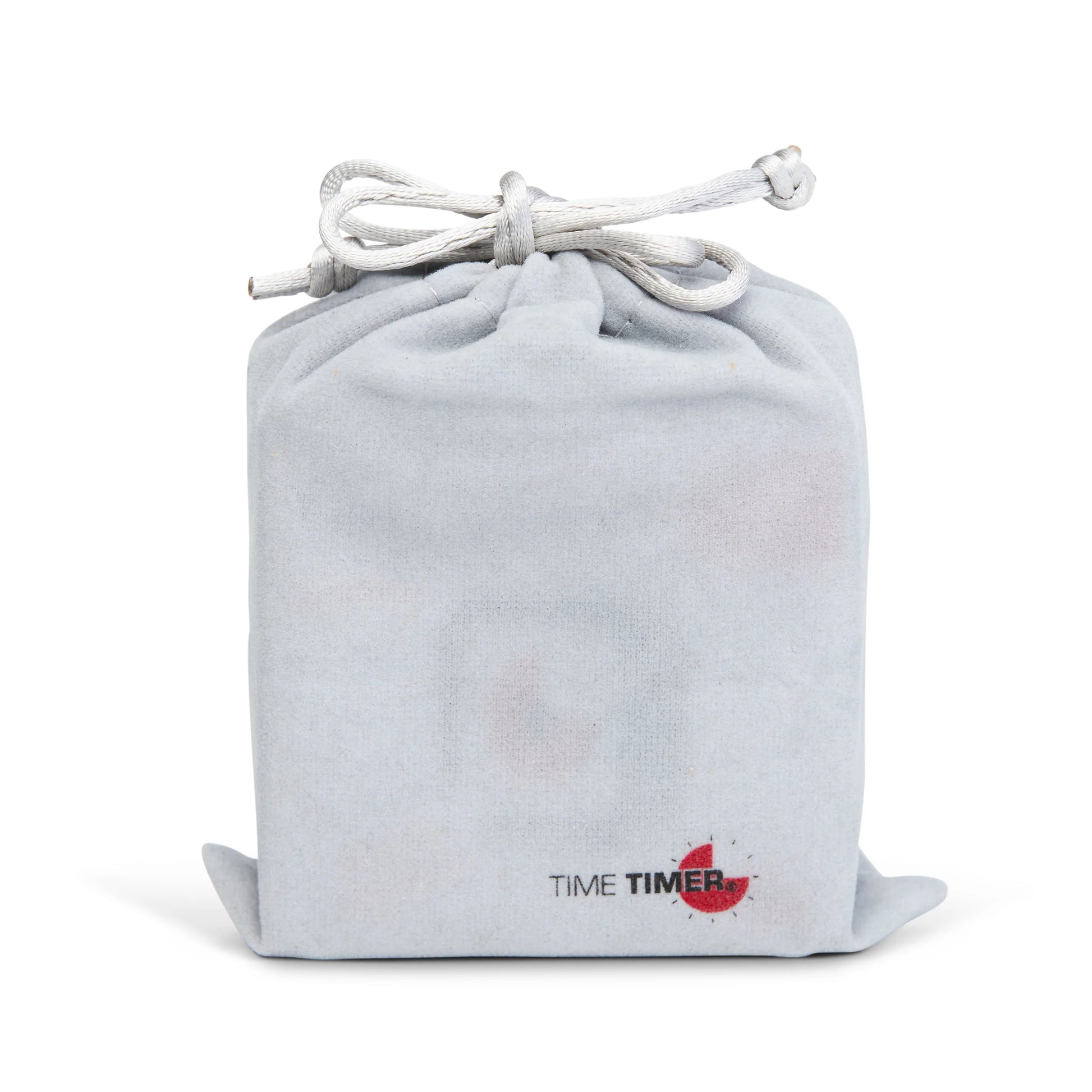A small, light gray drawstring pouch with the Time Timer logo and red graphic is perfect for carrying your Time Timer Original (3 Inch) Pocket [Black] Red Disk by Time Timer, shown standing upright against a white background.