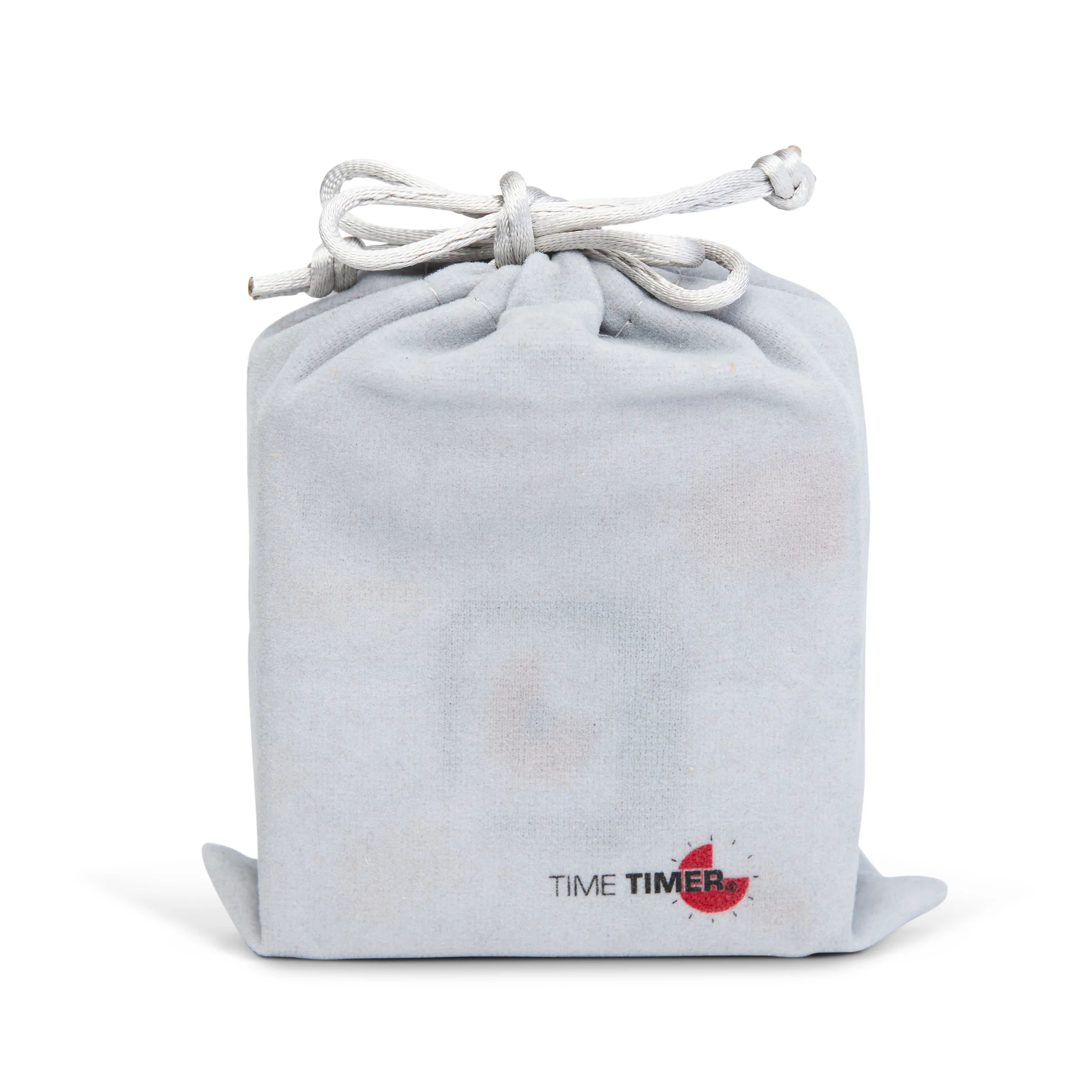 A small, light gray drawstring pouch with the Time Timer logo and red graphic is perfect for carrying your Time Timer Original (3 Inch) Pocket [Black] Red Disk by Time Timer, shown standing upright against a white background.