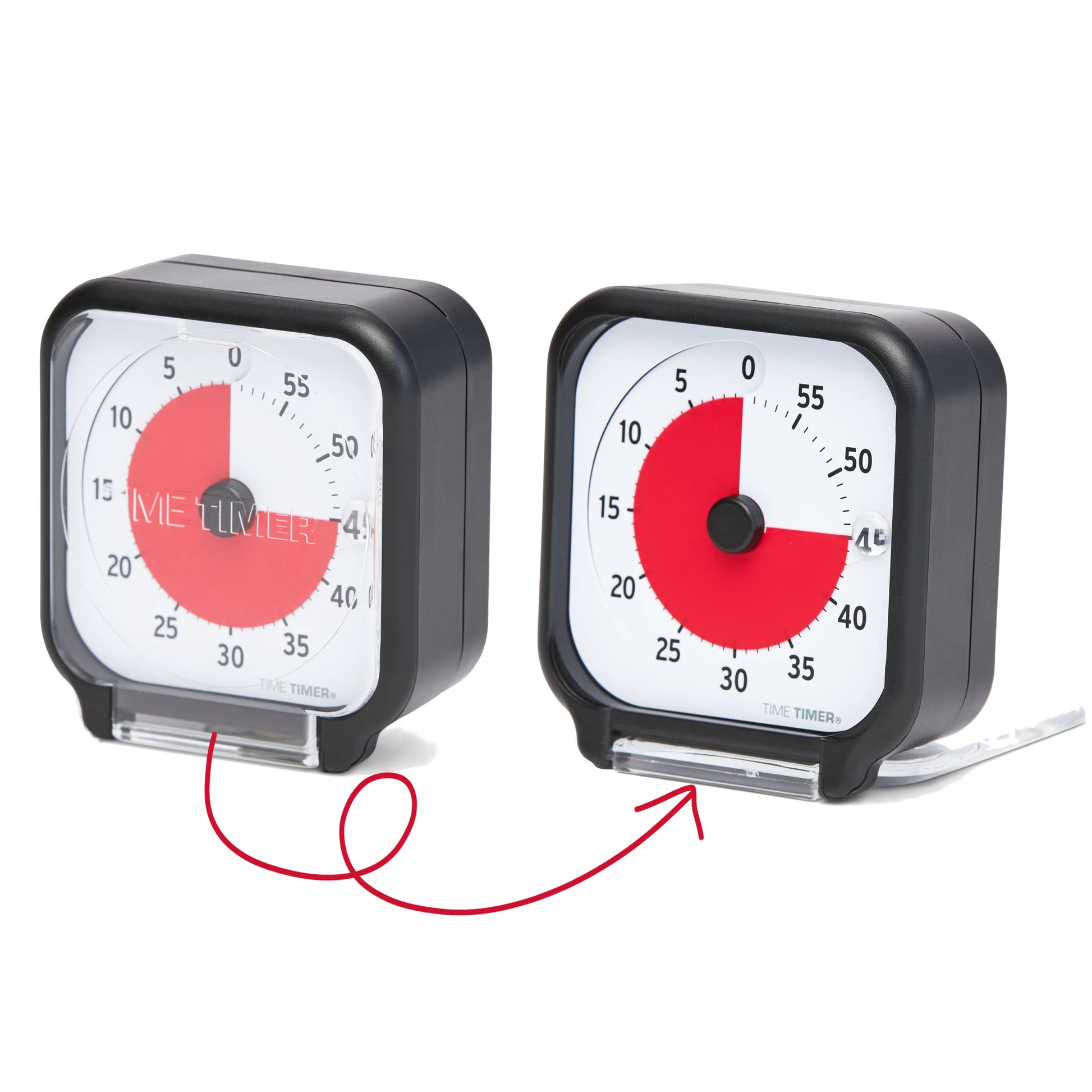 Two Time Timer Original (3 Inch) Pocket [Black] Red Disk timers by Time Timer are shown. The left displays 45 minutes, the right 25 minutes, each with a red disk for remaining time. A red arrow points right, emphasizing time management.