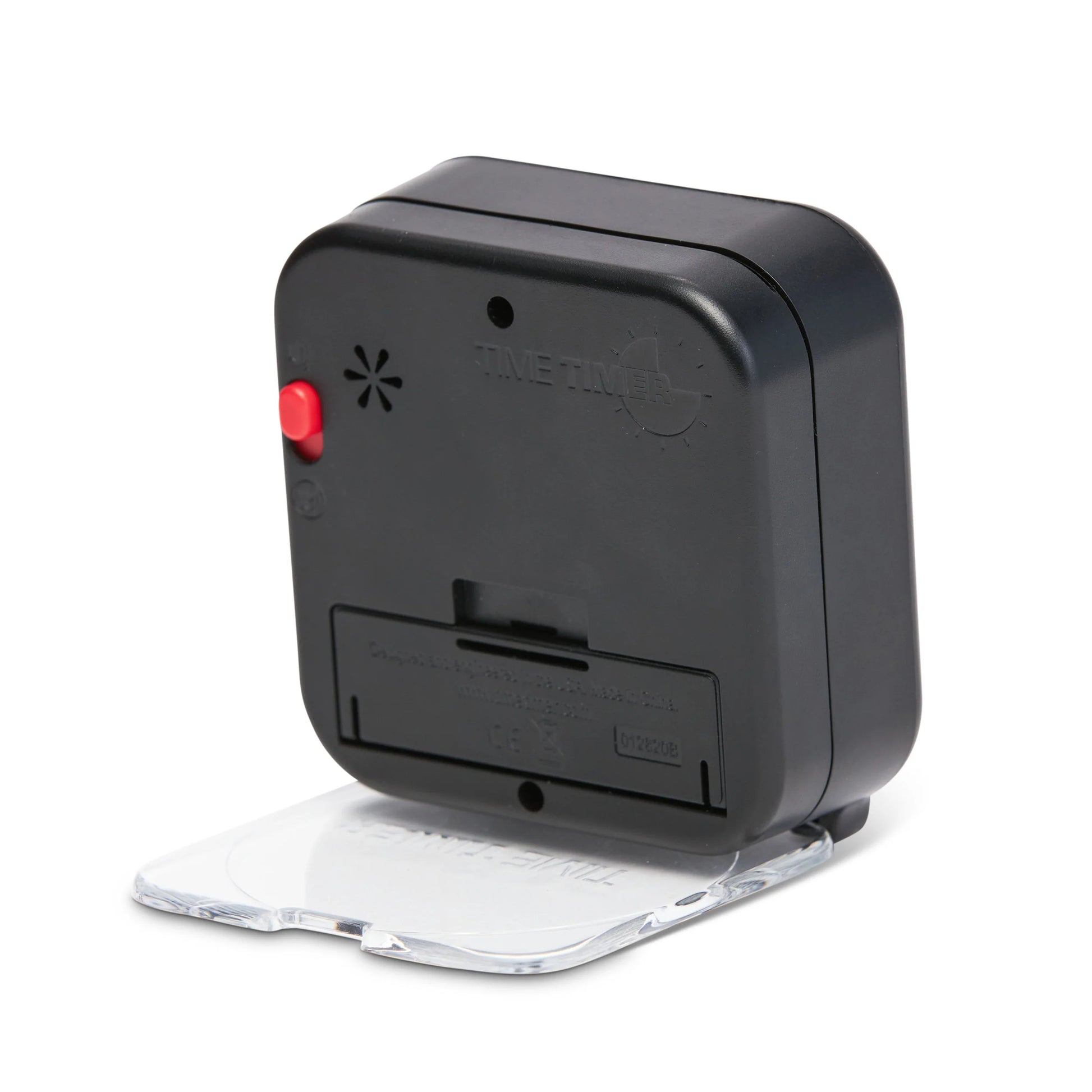 The Time Timer Original (3 Inch) Pocket [Black] Red Disk by Time Timer stands upright with a clear plastic cover, red button, and back speaker vent—ideal for efficient time management.