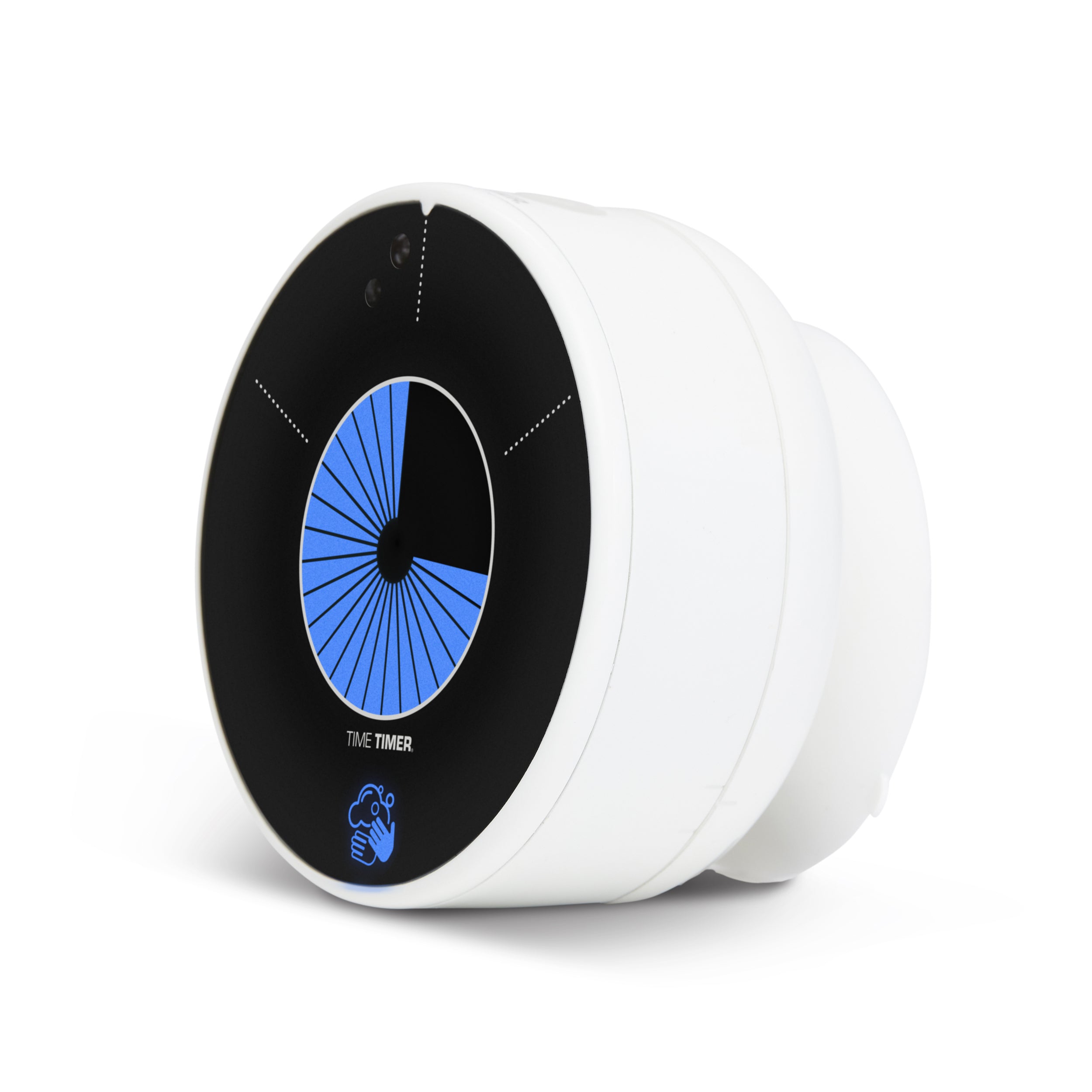 The Time Timer PRO Applied Touchless 30 Second Handwashing Visual Timer by Time Timer is a white circular, touchless device with a black face, blue segmented countdown display, and a small hand icon at the bottom.