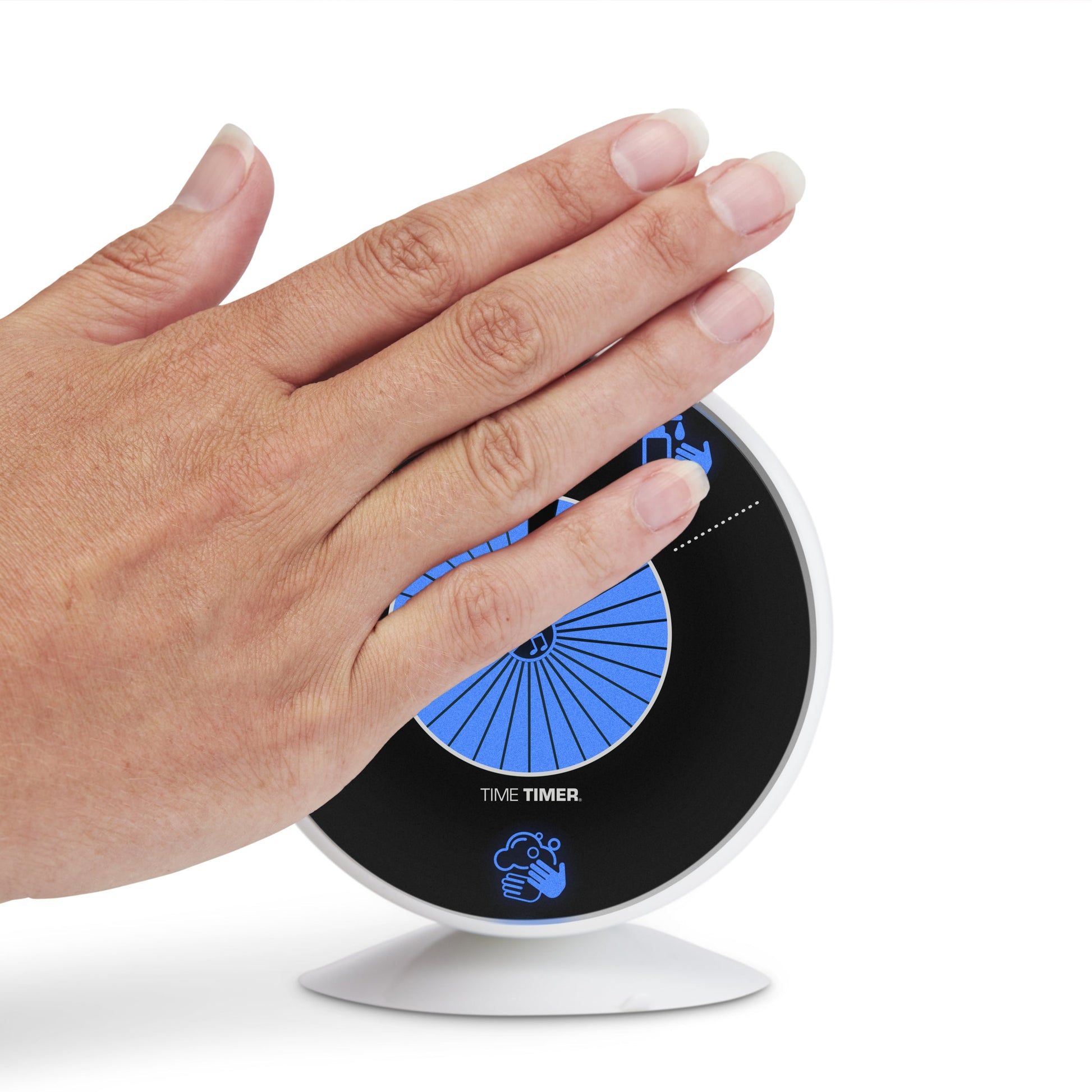 A hand with manicured nails presses the Time Timer PRO Applied Touchless 30 Second Handwashing Visual Timer by Time Timer—a small, round, black-and-blue device with a white stand, ideal for tracking proper handwashing time.