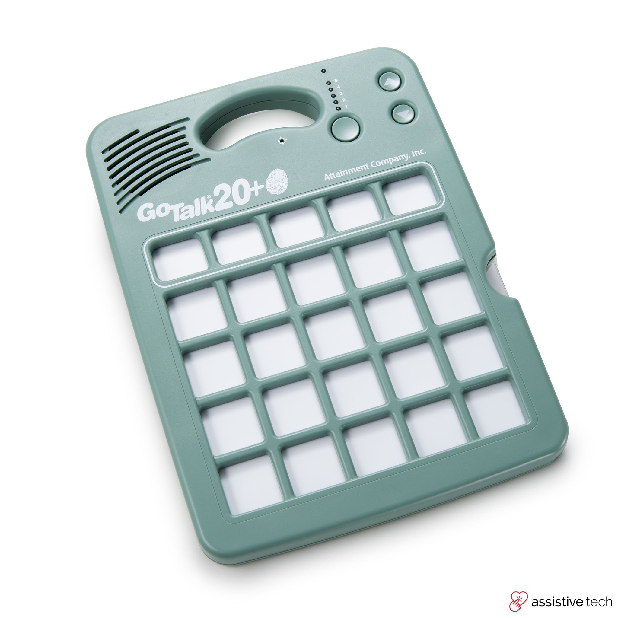 The Attainment GoTalk 20+ Lite Touch is a green AAC device with 20 programmable buttons in a grid and speaker holes at the top, designed to assist individuals with speech difficulties.