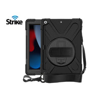 The Strike Rugged Case with Hand Strap and Lanyard for iPad 7th/8th/9th Gen, featuring reinforced corners, a shoulder strap, rotating stand, and the Strike logo for style and protection, is shown displayed on an iPad.