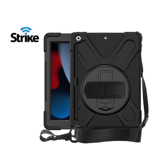 The Strike Rugged Case with Hand Strap and Lanyard for iPad 7th/8th/9th Gen, featuring reinforced corners, a shoulder strap, rotating stand, and the Strike logo for style and protection, is shown displayed on an iPad.