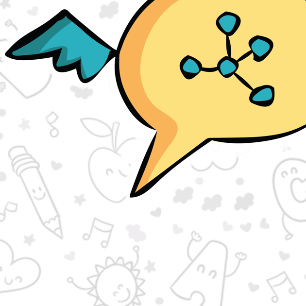 A yellow speech bubble with a network diagram and blue wing represents the Avaz FreeSpeech App for iPad by Assistive Tech (Premium Access: Pics & Voices 12-month subscription), set against doodles of hearts, music notes, a pencil, apple, and sun.